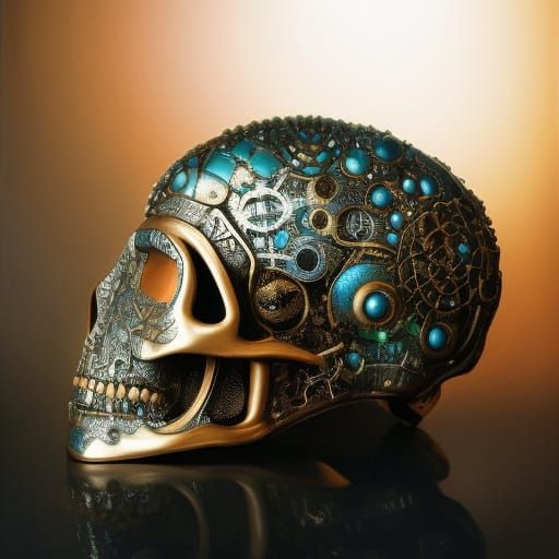 Cybernetic Alien Skull in Helmet: Detailed Gouache Illustrat...