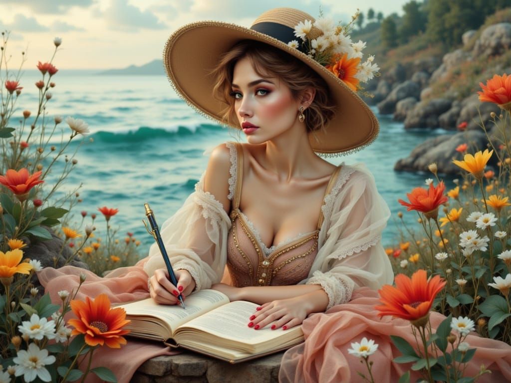 Woman Writes Letter by Ocean in Art Nouveau Style