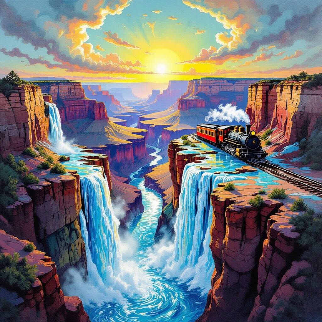 Psychedelic Train with Ice Waterfalls in Grand Canyon