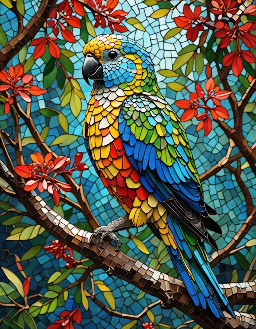 Colorful Parakeet in Mosaic and Stained Glass Style