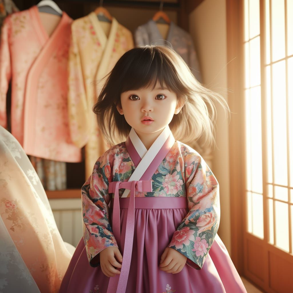 Korean Child in Hanbok Dress in Traditional House