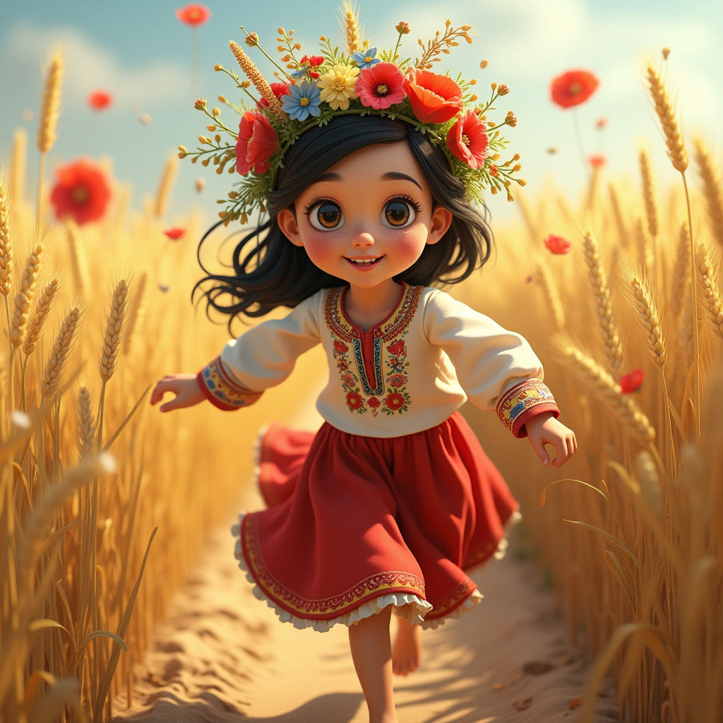 Ukrainian Girl Running Through Wheat Field as Digital Art