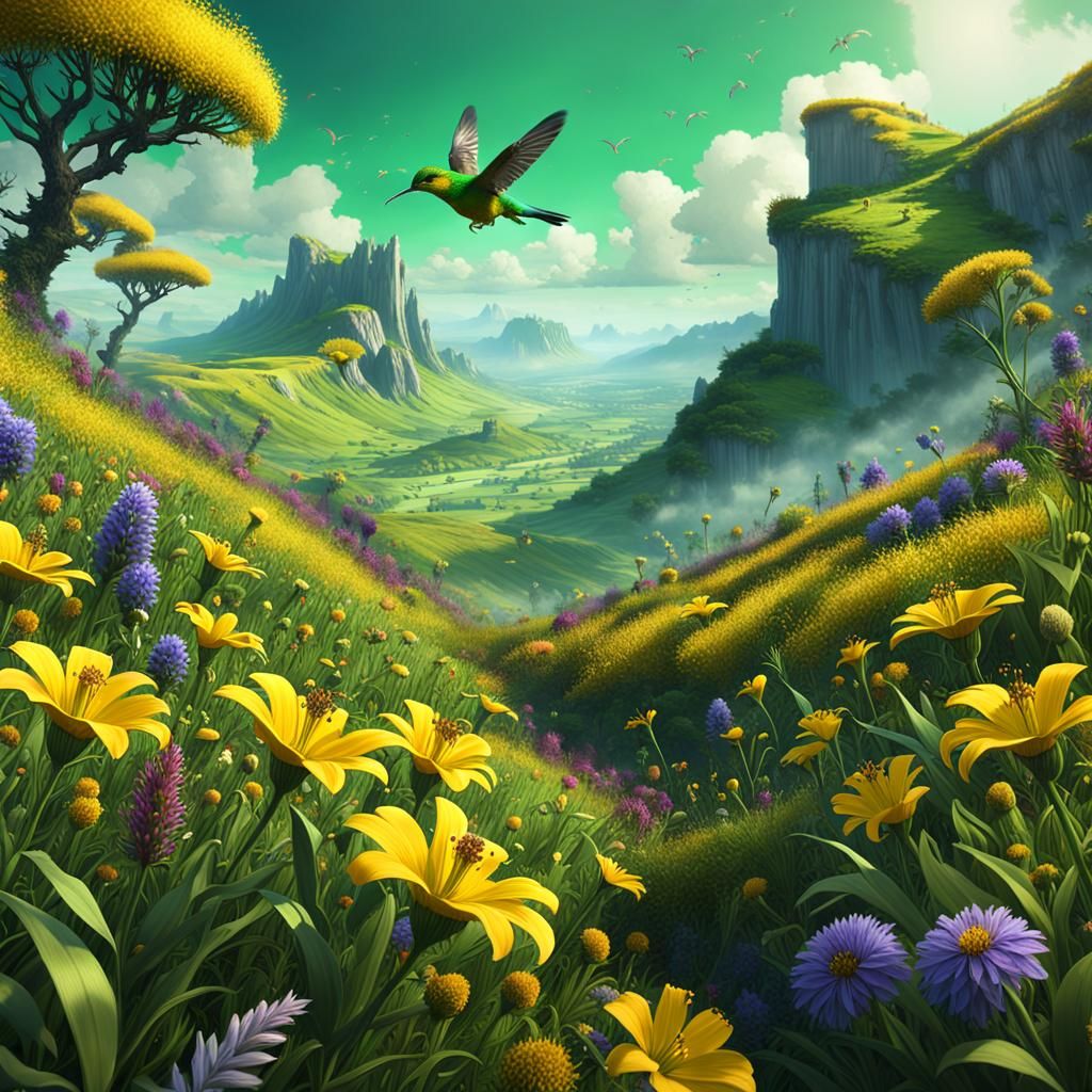 Hummingbirds in Wildflower Field: Matte Painting