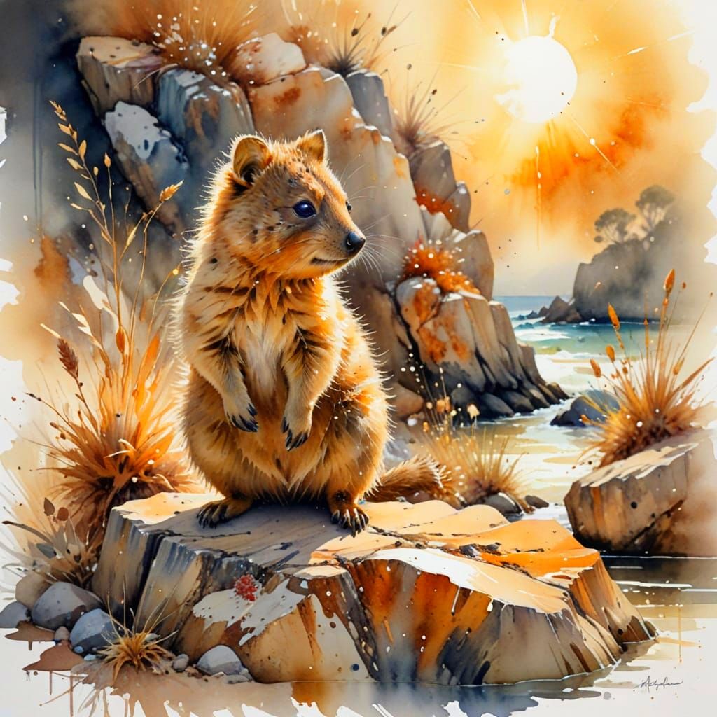Adorable Quokka Perched on Rock, Watercolour Style