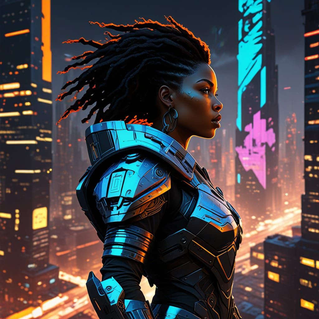 Futuristic Warrior Queen in Neon-Lit Cityscape