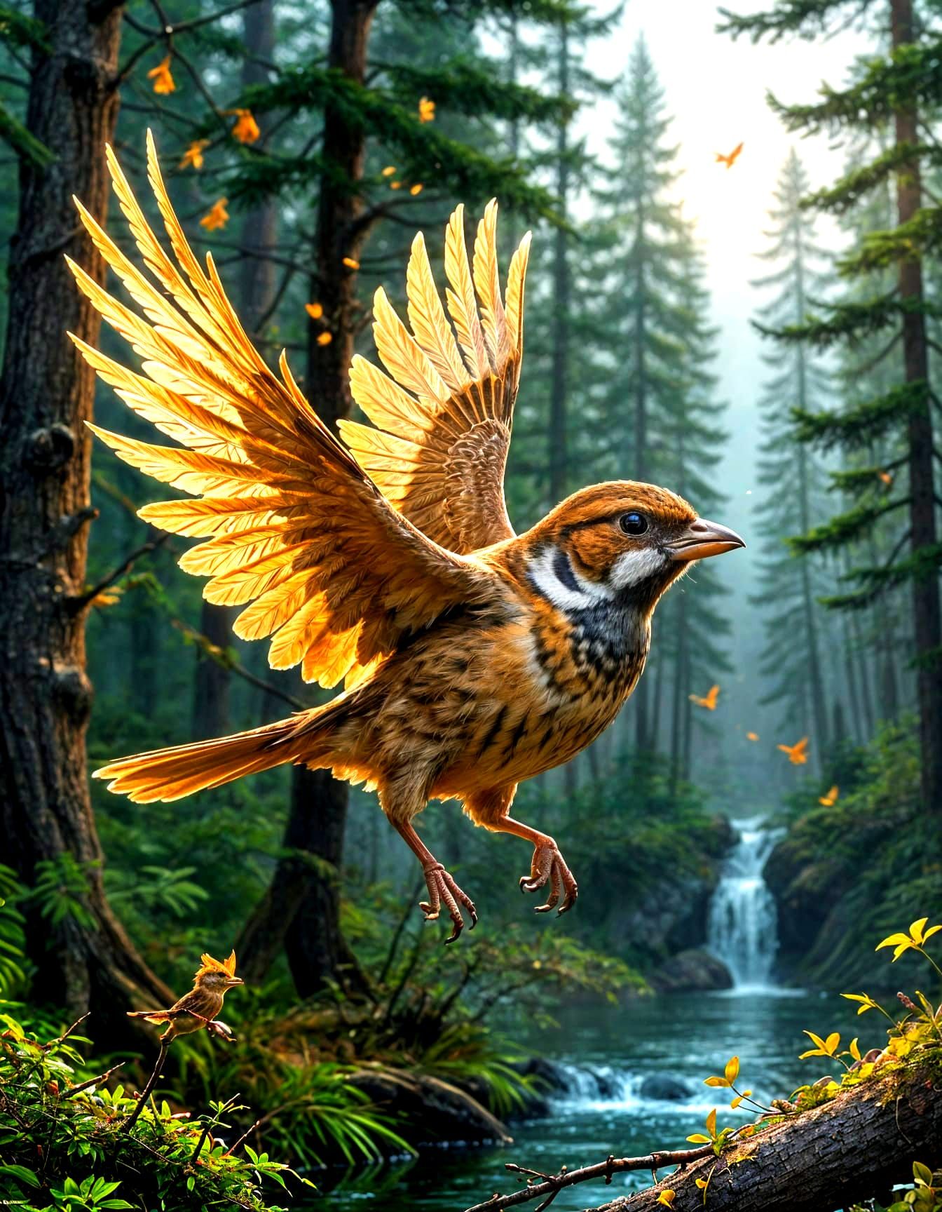 Sparrow in Flight Amidst Golden Autumnal Landscape with Orna...