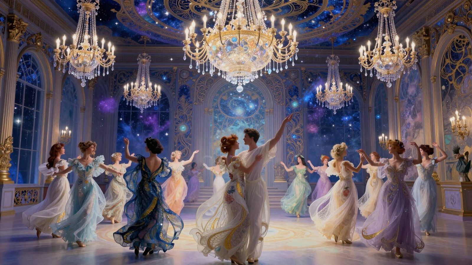 Celestial Ballroom Dance Party in Art Nouveau Style