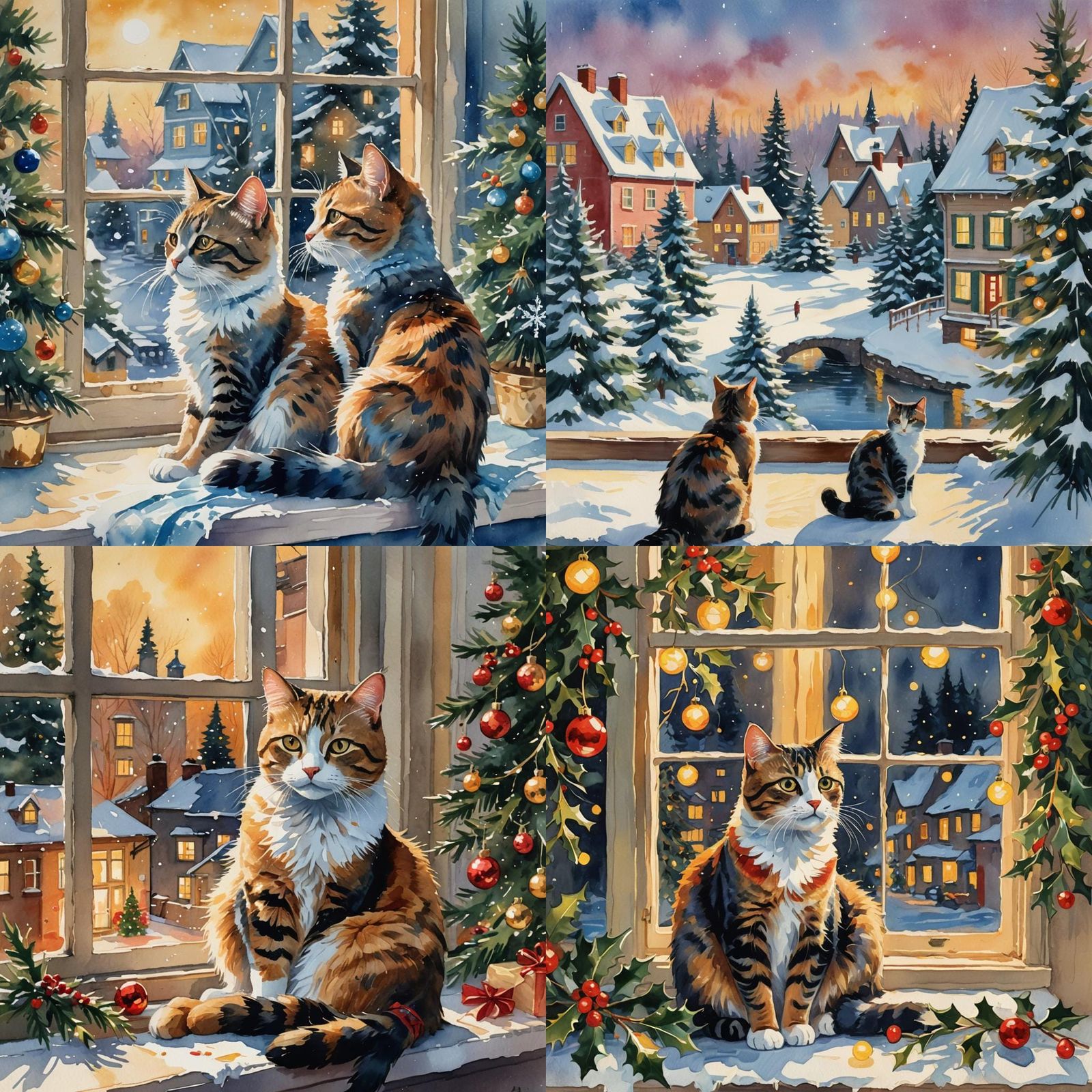 Cat Observes Christmas Scene in Gouache Style