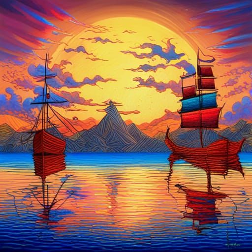 Burning Chinese Junk at Sunset in Surreal Style