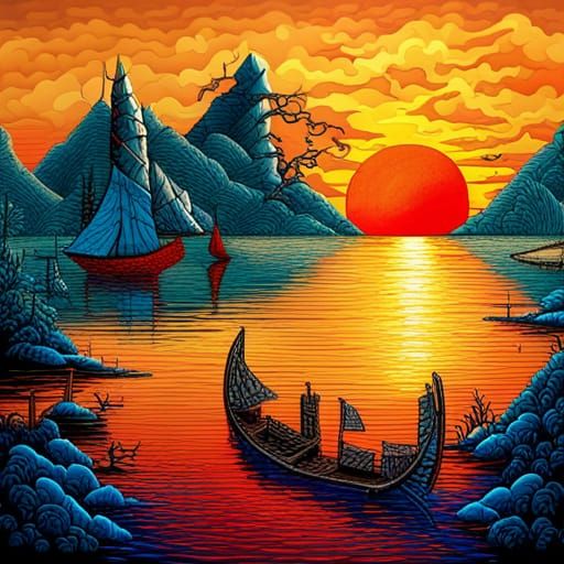 Chinese Junk on Fire in Sunset Bay