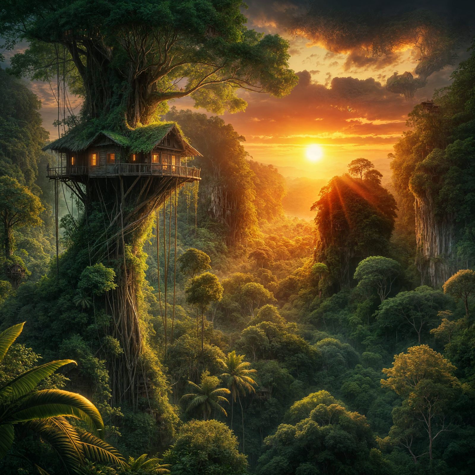 Surreal Jungle Treehouse on Cliff's Edge at Sunset