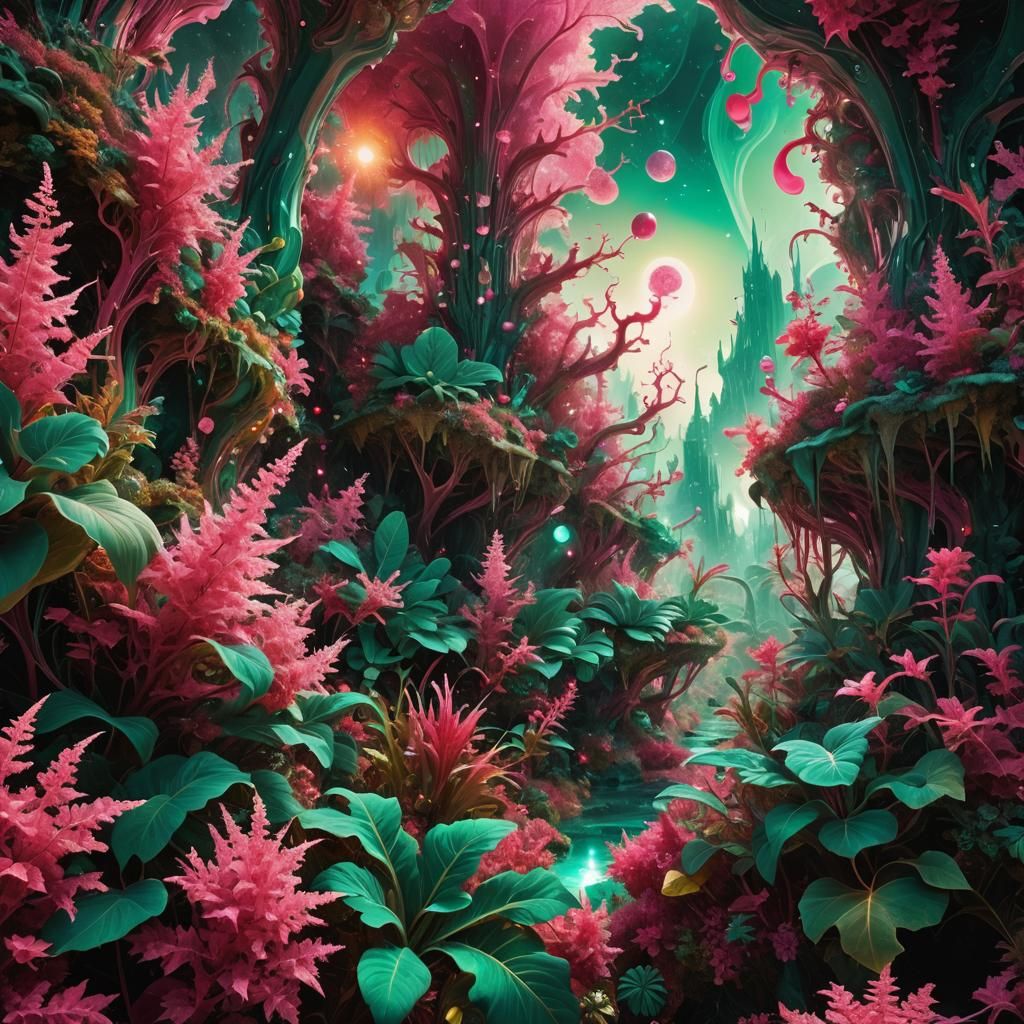 Surreal Fractal Fantasy Realm in Cerise and Emerald