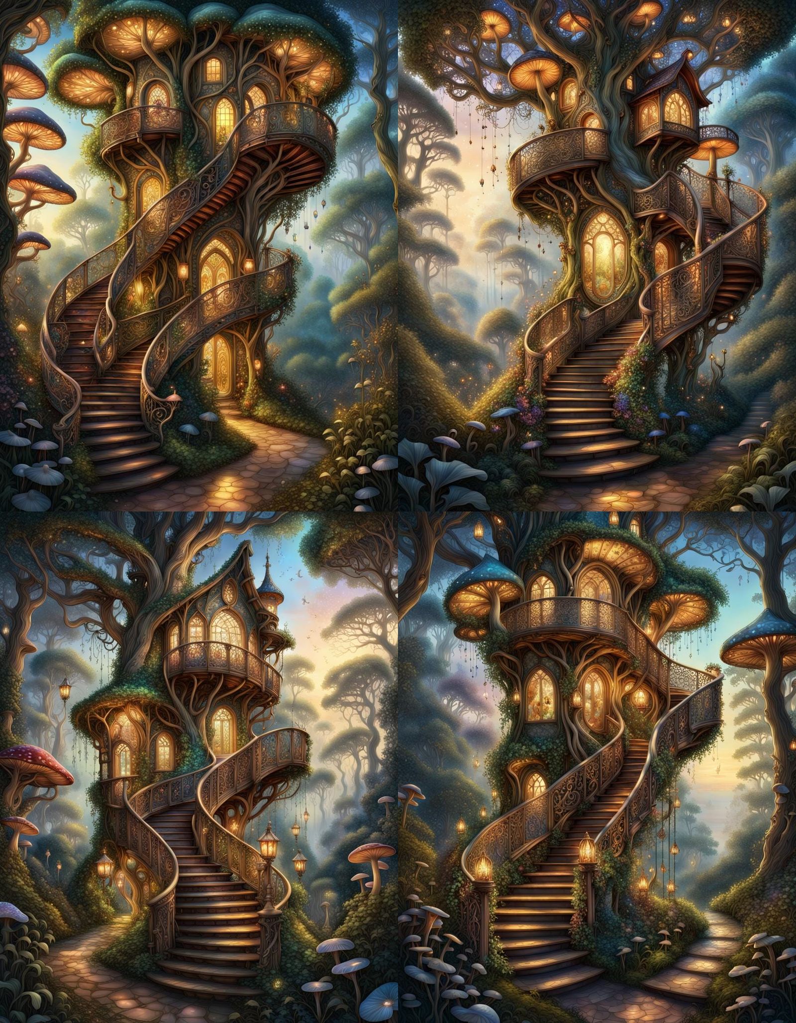 Enchanted Fairytale Treehouse Village with Winding Stairway
