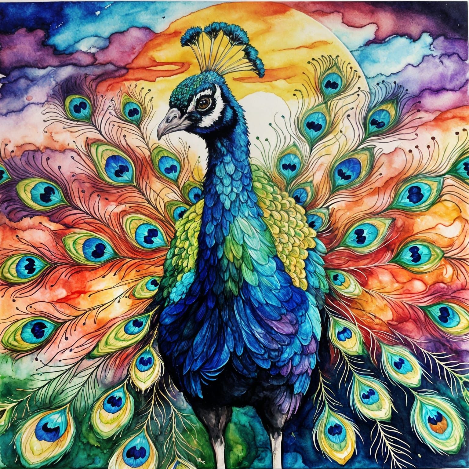 Surreal Sunset Peacock in Viscous Alcohol Ink