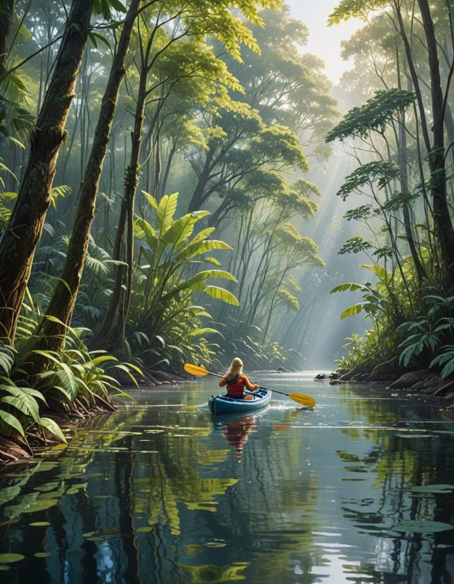 Vibrant Tropical Rainforest Kayaking Scene in Gouache Style