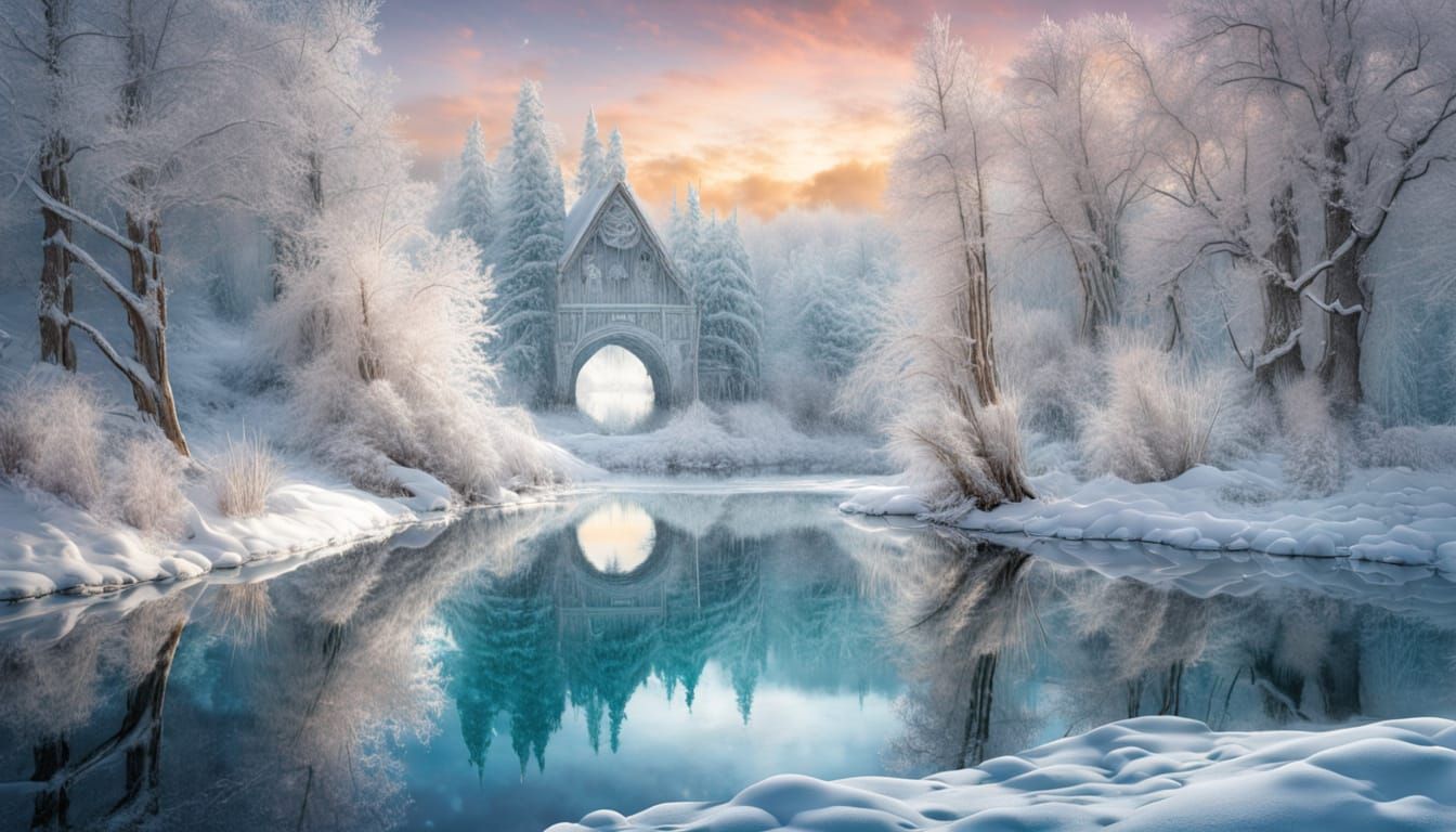 Surreal Winter Scene with Enchanted Forest Reflections