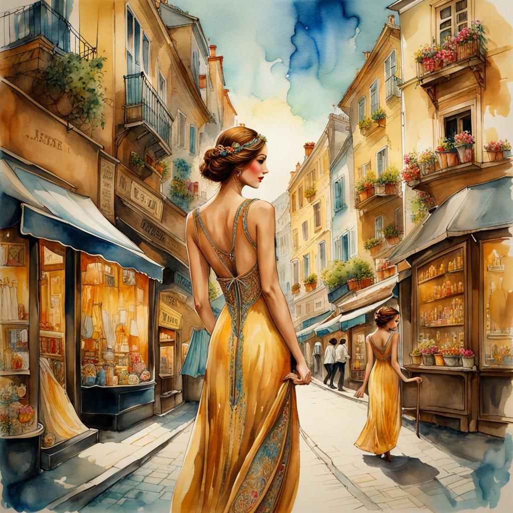 Glamorous Watercolor City Scene with Stylish Young Woman