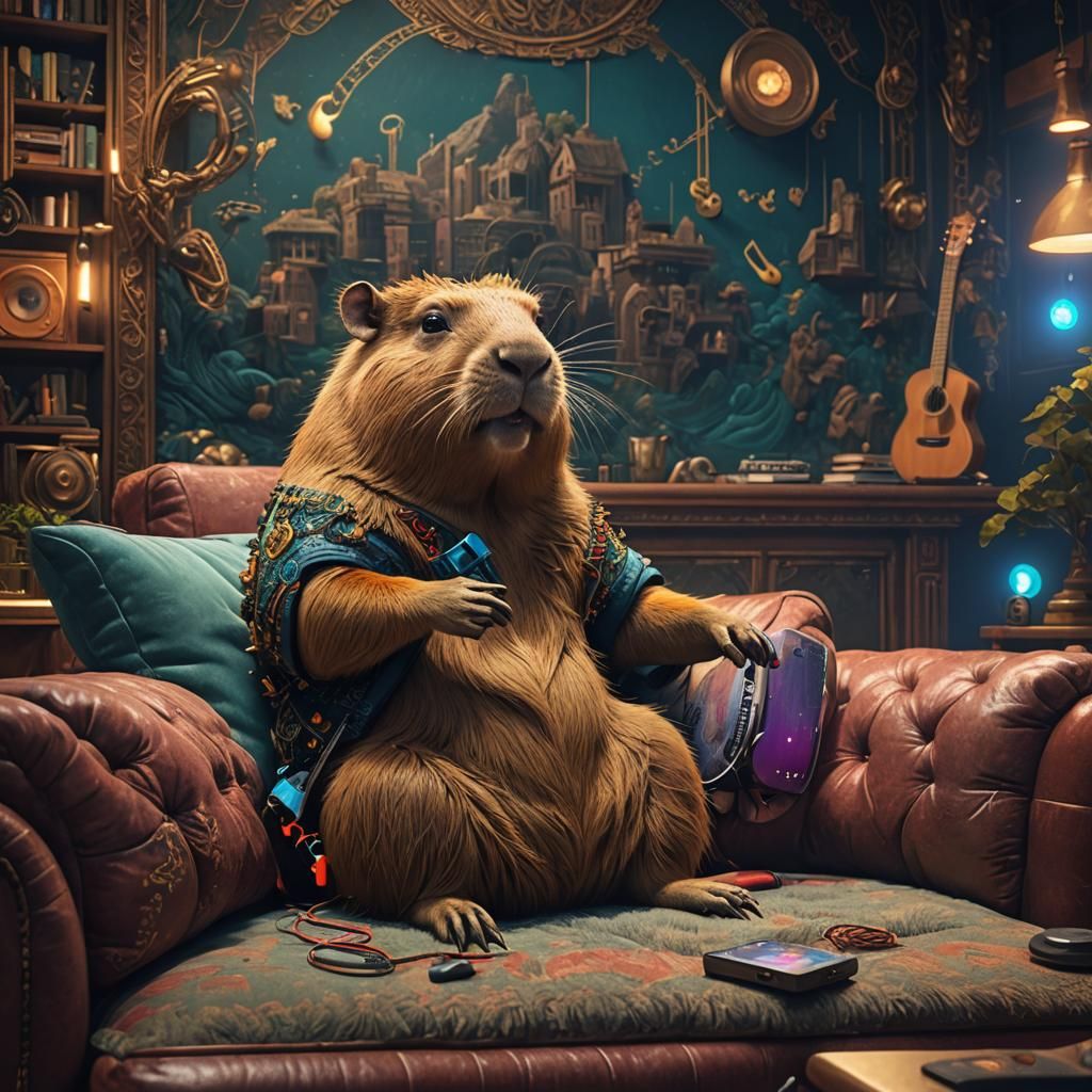 Capybara Listens to Music: Fantasy Concept Art