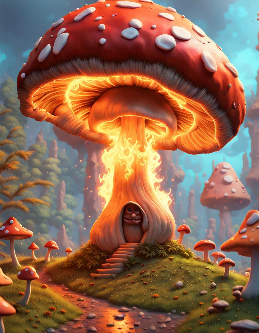 Burning Mushroom House in Claymation Style