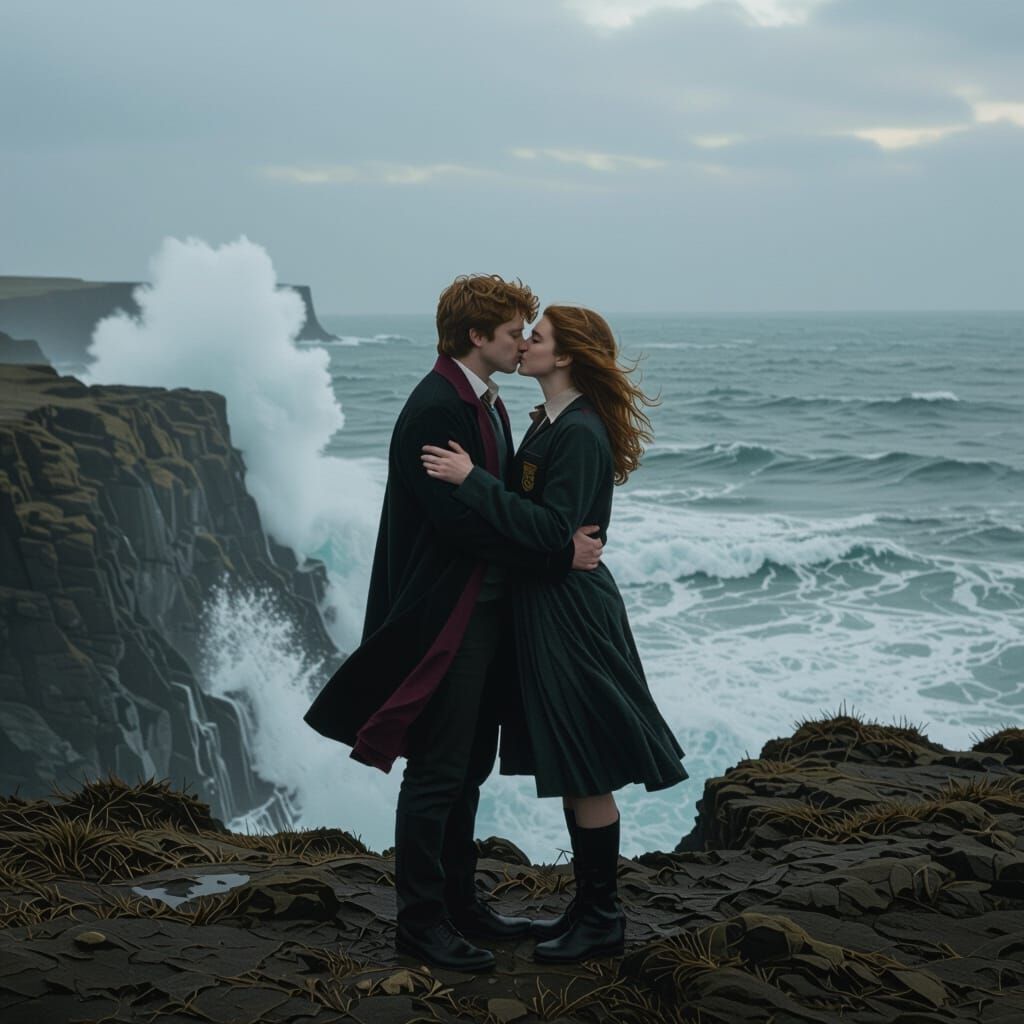 Romantic Kiss on Cliffs in Surrealist Style