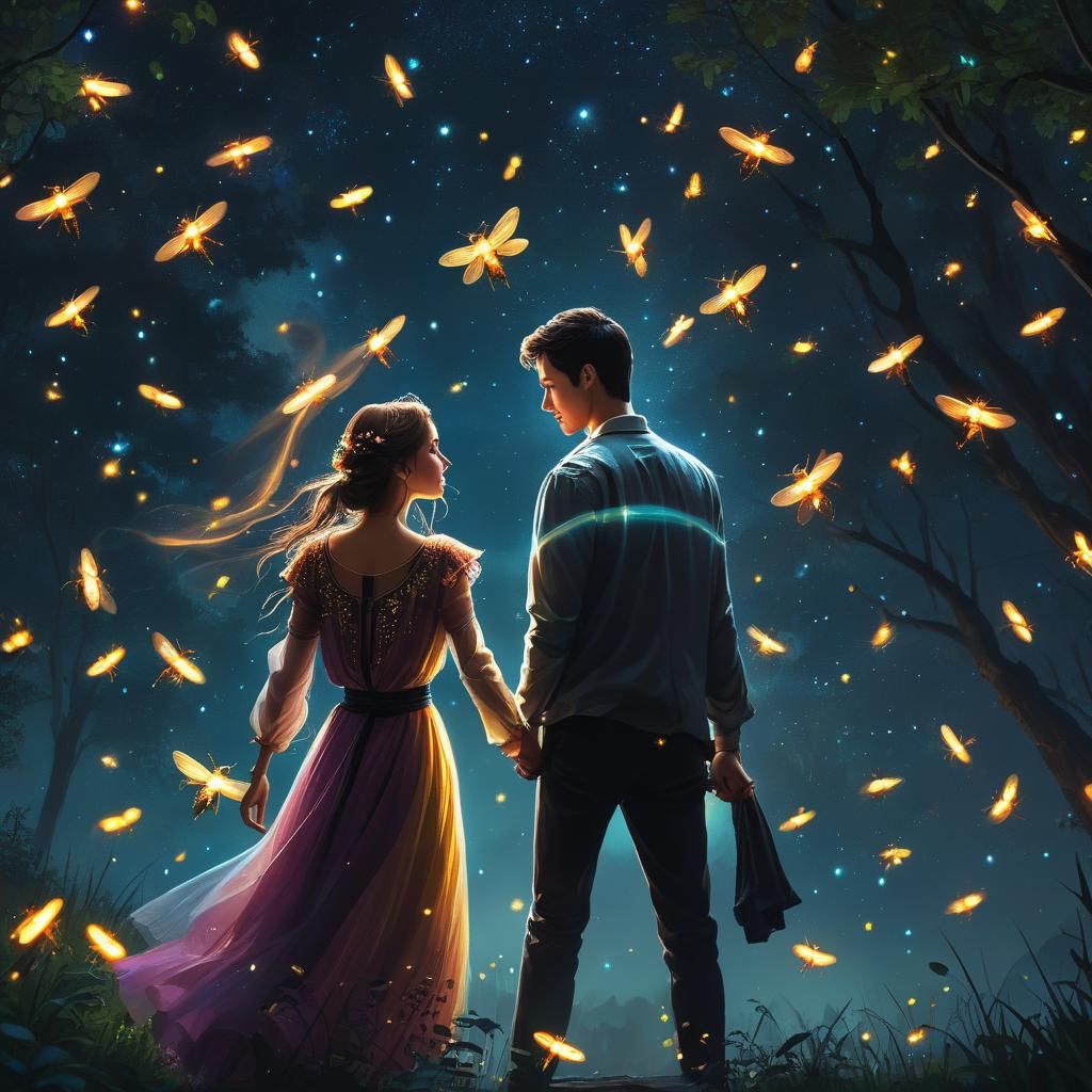 Couple Under Fireflies in Starry Night: Digital Matte Painti...