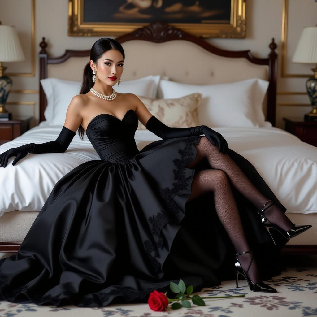 Opulent Bedroom Scene of Asian Woman in Realism Style