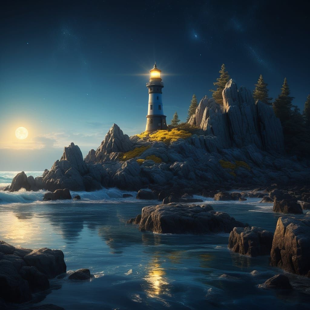 Crystal Lighthouse Under Starry Night Sky
