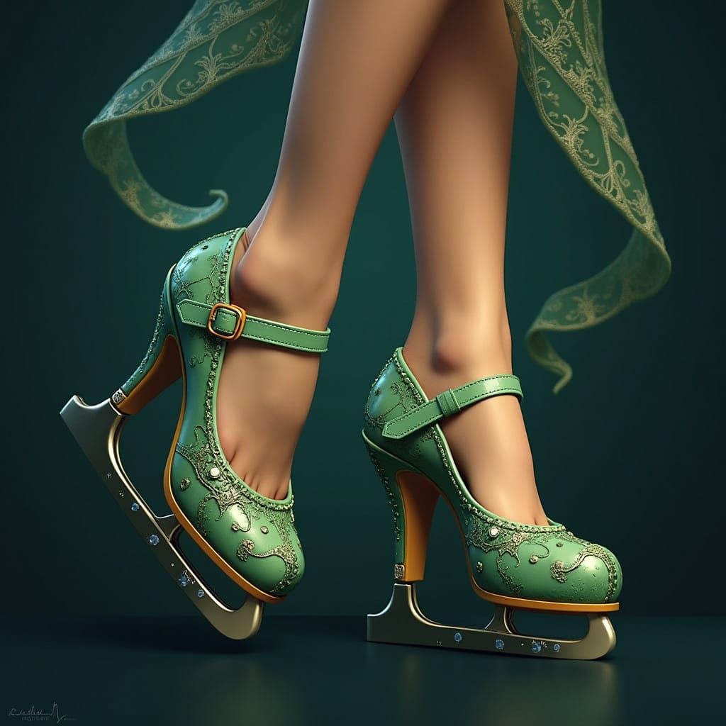 Woman's Feet in Enchanted Ice Skates against Frosty Backgrou...