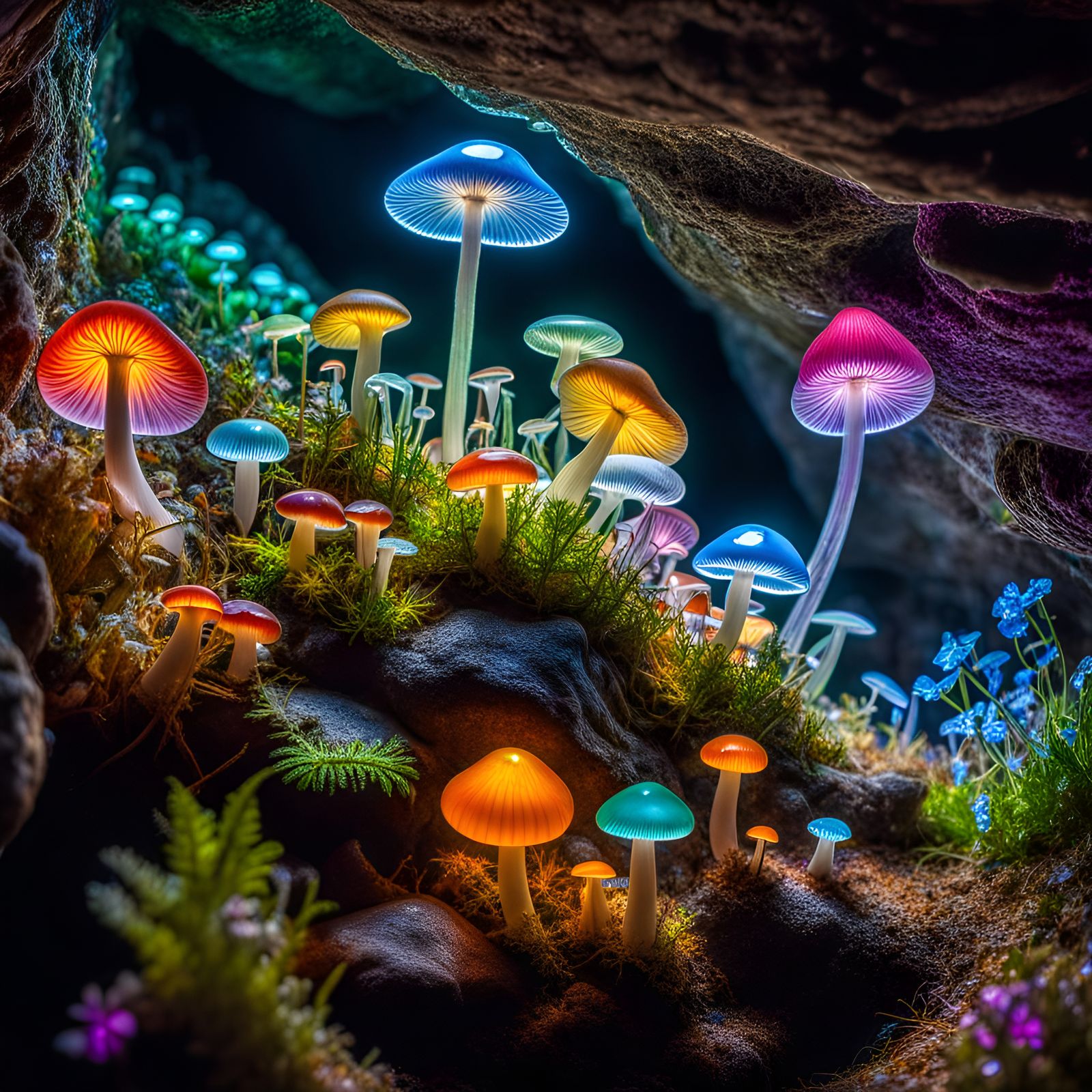 Bioluminescent Crystal Cave with Prismatic Flora