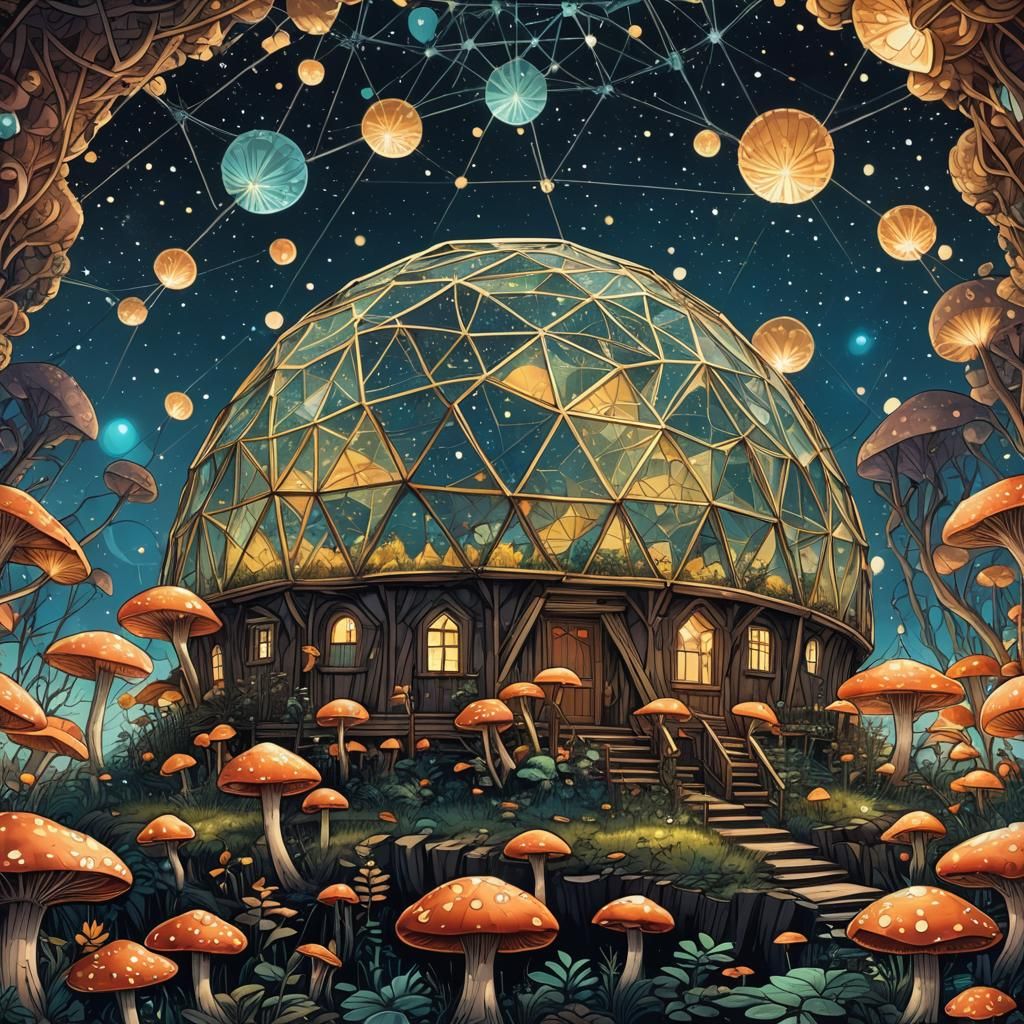 Geodesic dome at night with mushrooms illuminated by pixie dust abstract vector fractal, wave function, Zentangle, 3d sh...