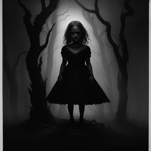 Ethereal Horror: Small Child in Dark Foggy Landscape