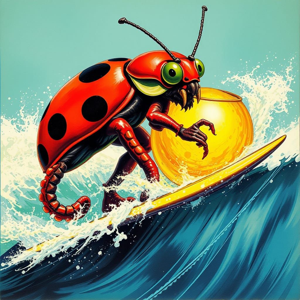 Surreal Surfing Scene in 60s Sci-Fi Style