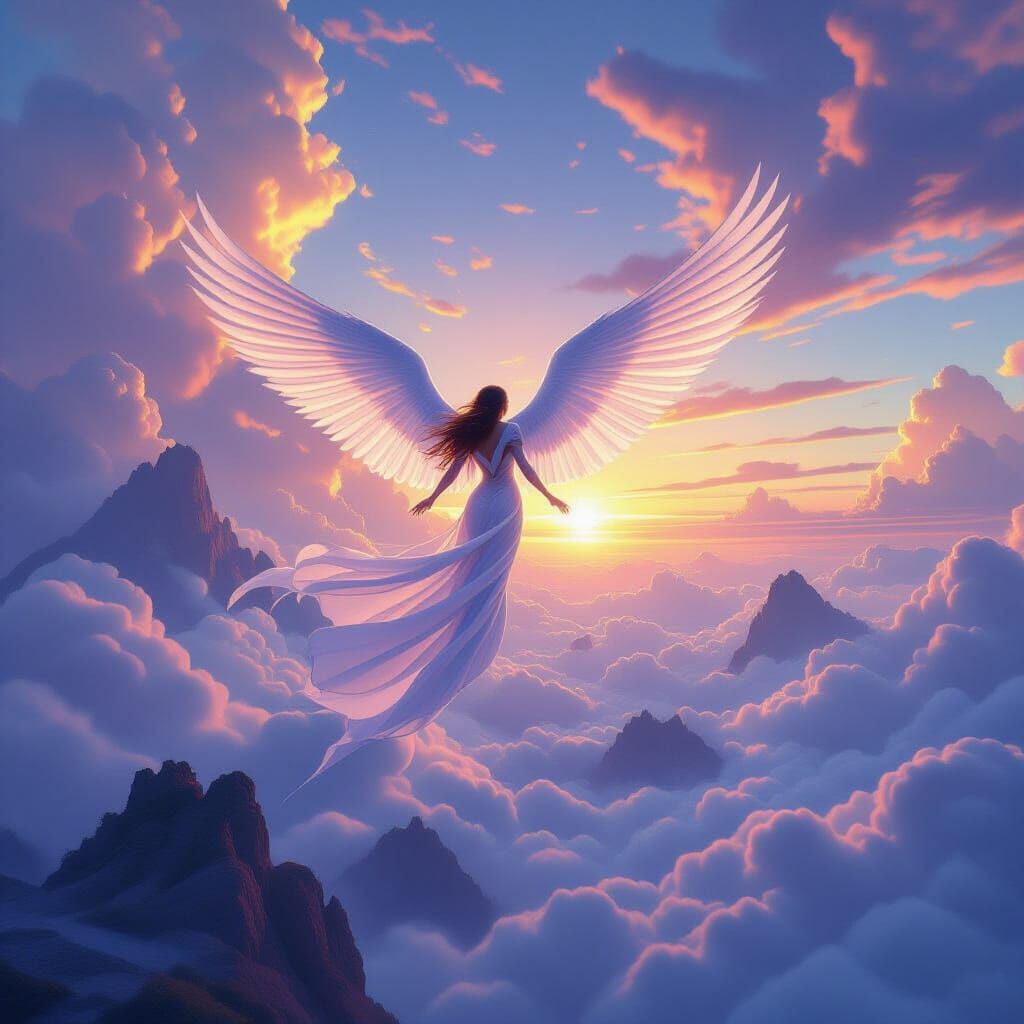 Winged Figure Soaring Through Fantasy Landscape