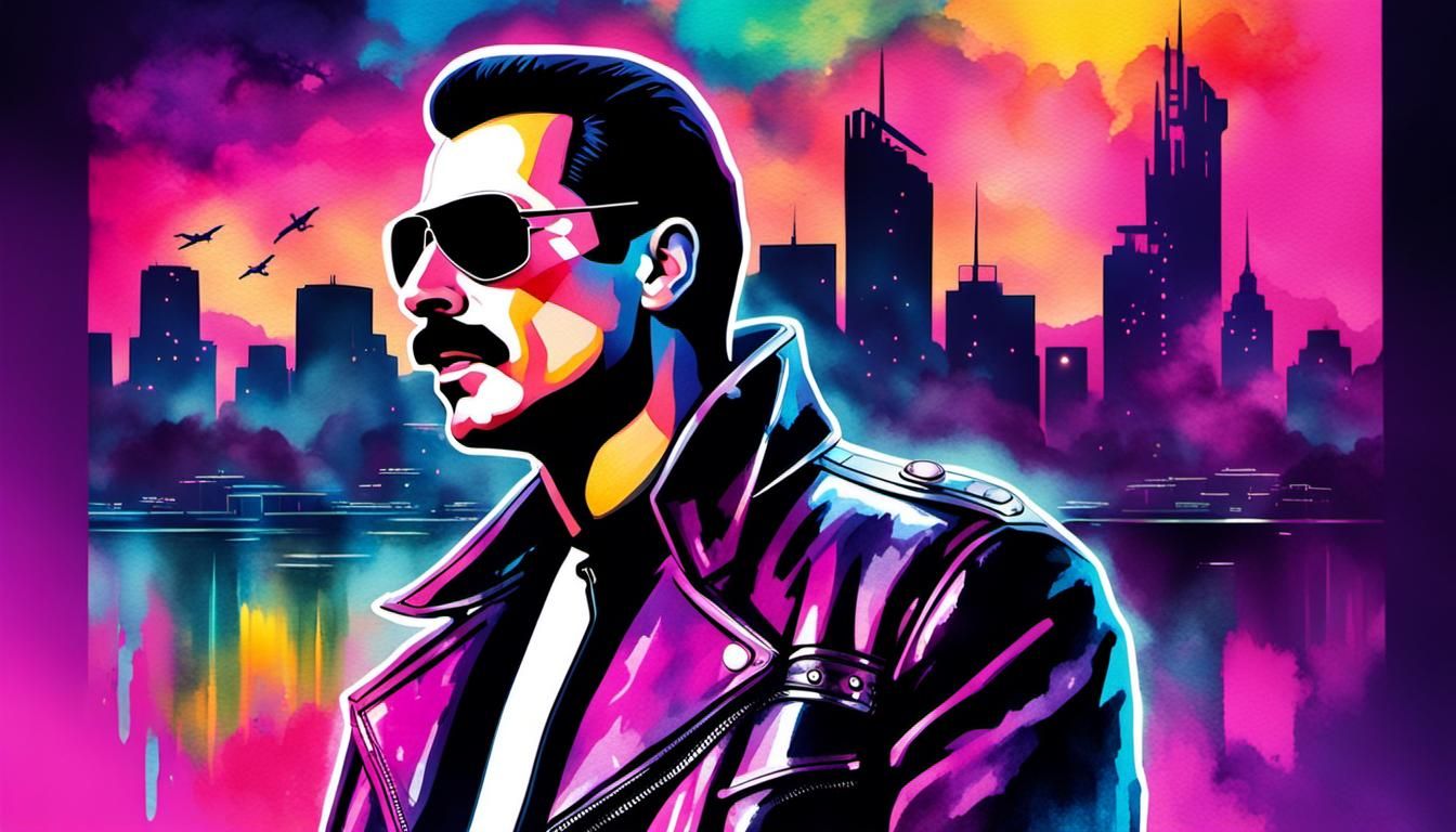 Freddie Mercury Pop Art Portrait in Dystopian City