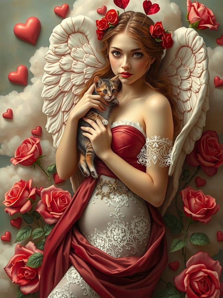 Sensual Valentine Angel in Romantic Pinup Pose with Kitten a...