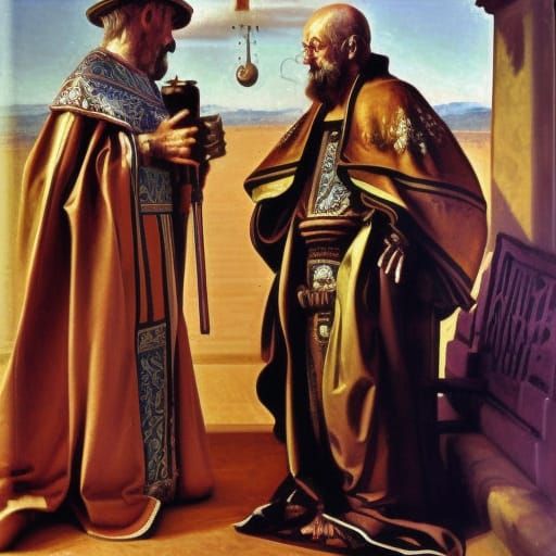 Pope Sylvester II and the Bronze Robot: Baroque Oil Painting