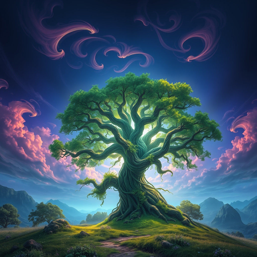 Mystical Landscape with Glowing Tree, Digital Art