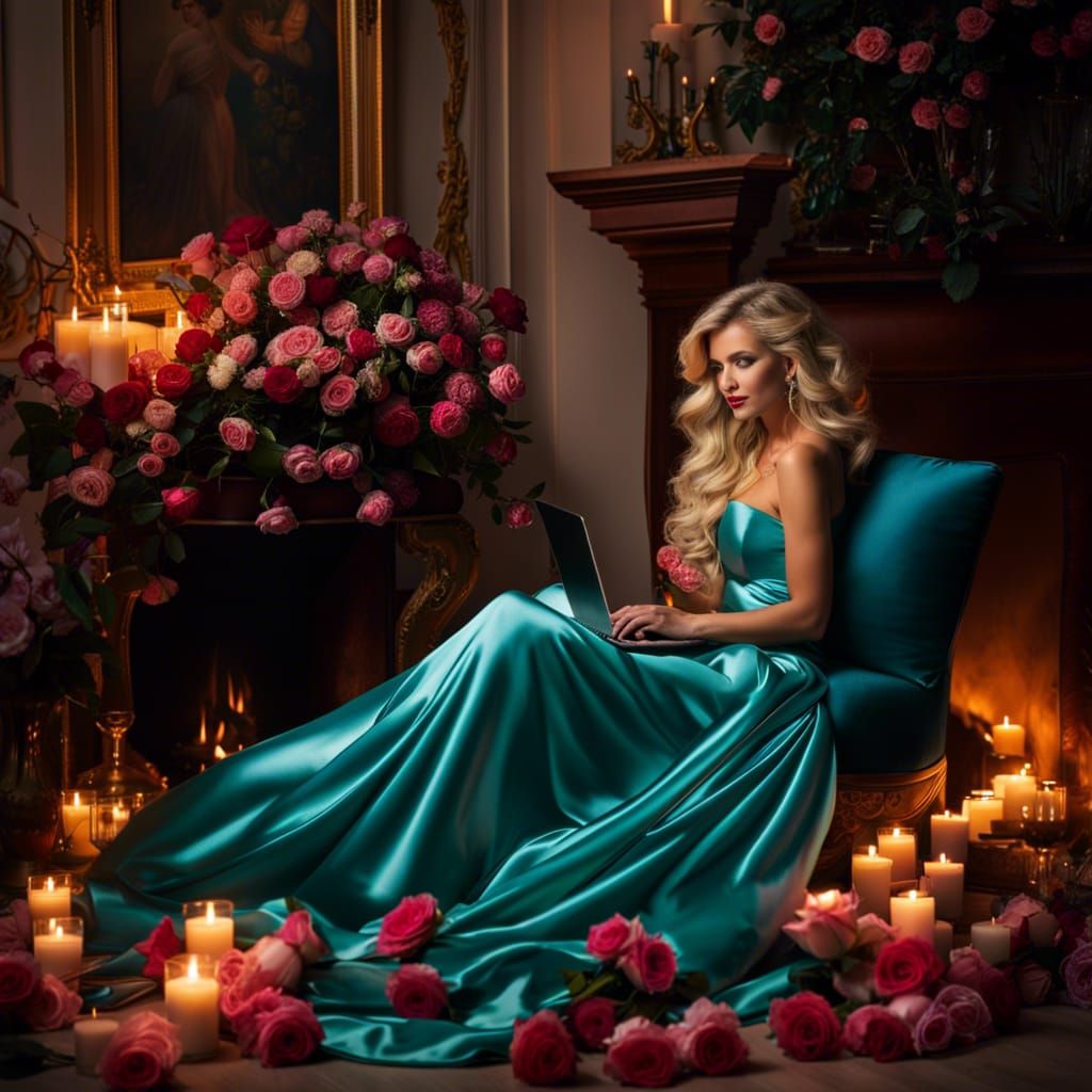Blonde Woman in Satin Gown by Fireplace