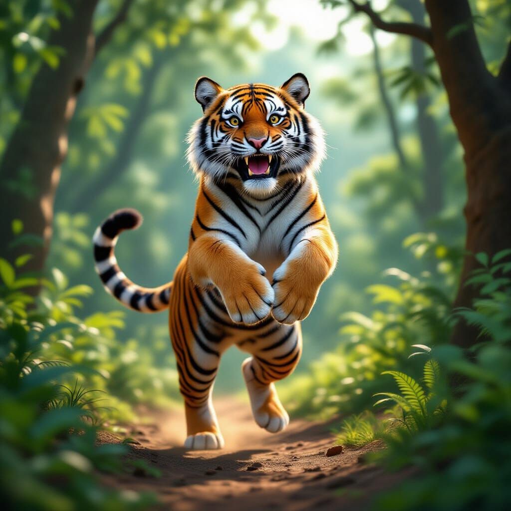 Photorealistic Tiger Bouncing Joyfully in Lush Forest