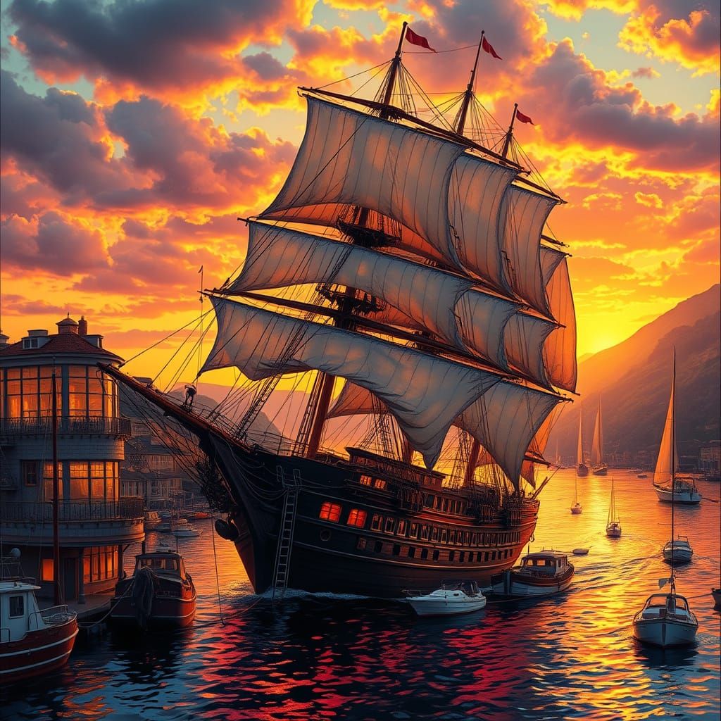 Majestic Ship Sails Through Golden Harbor