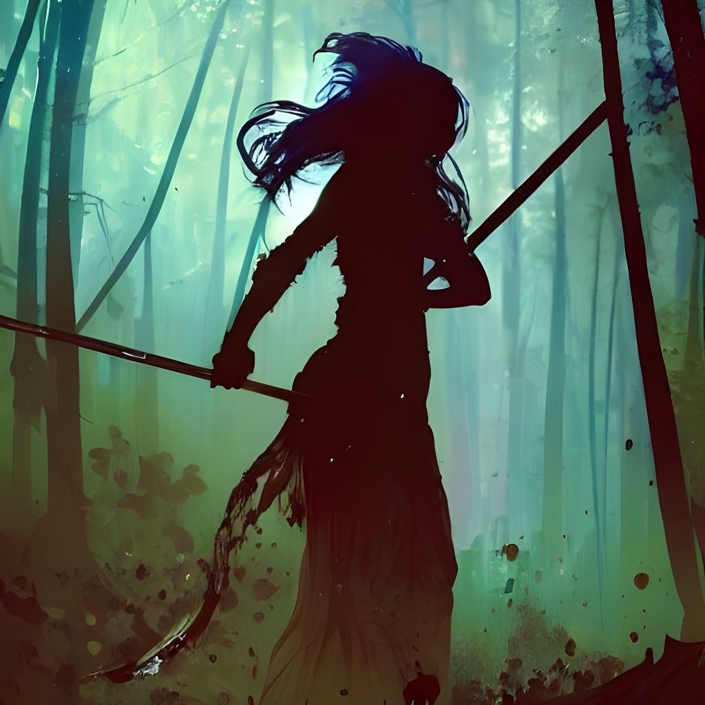 Katana Silhouette in Forest, Art Nouveau Style