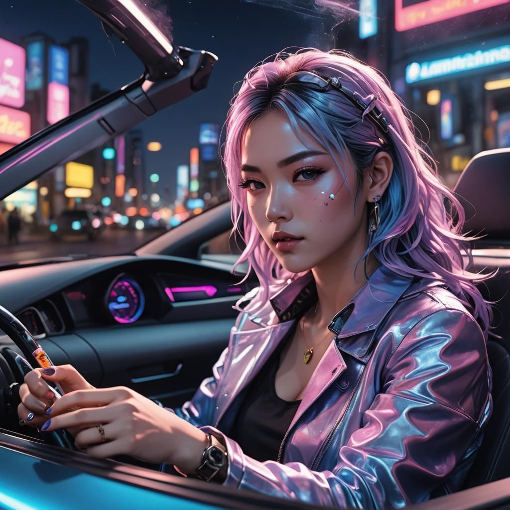 Anime Girl Driving Lamborghini in Neon Cityscape