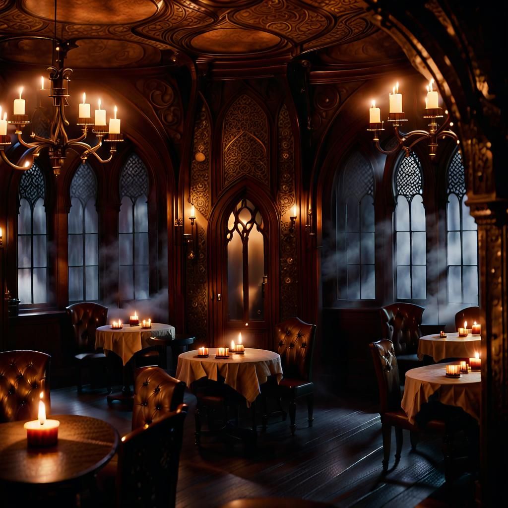 Gothic Tea House with Flickering Candles and Mist