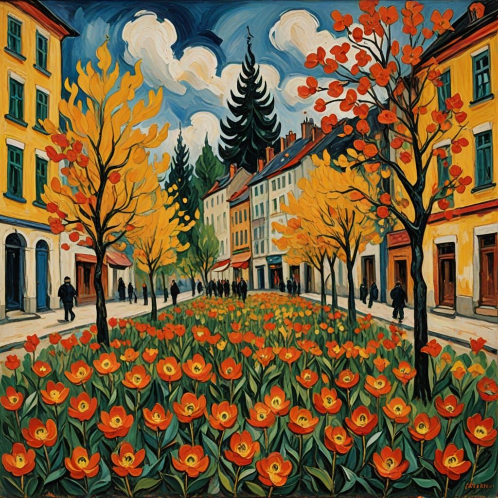 Neo-Expressionist City Garden in Vibrant Oil Paint