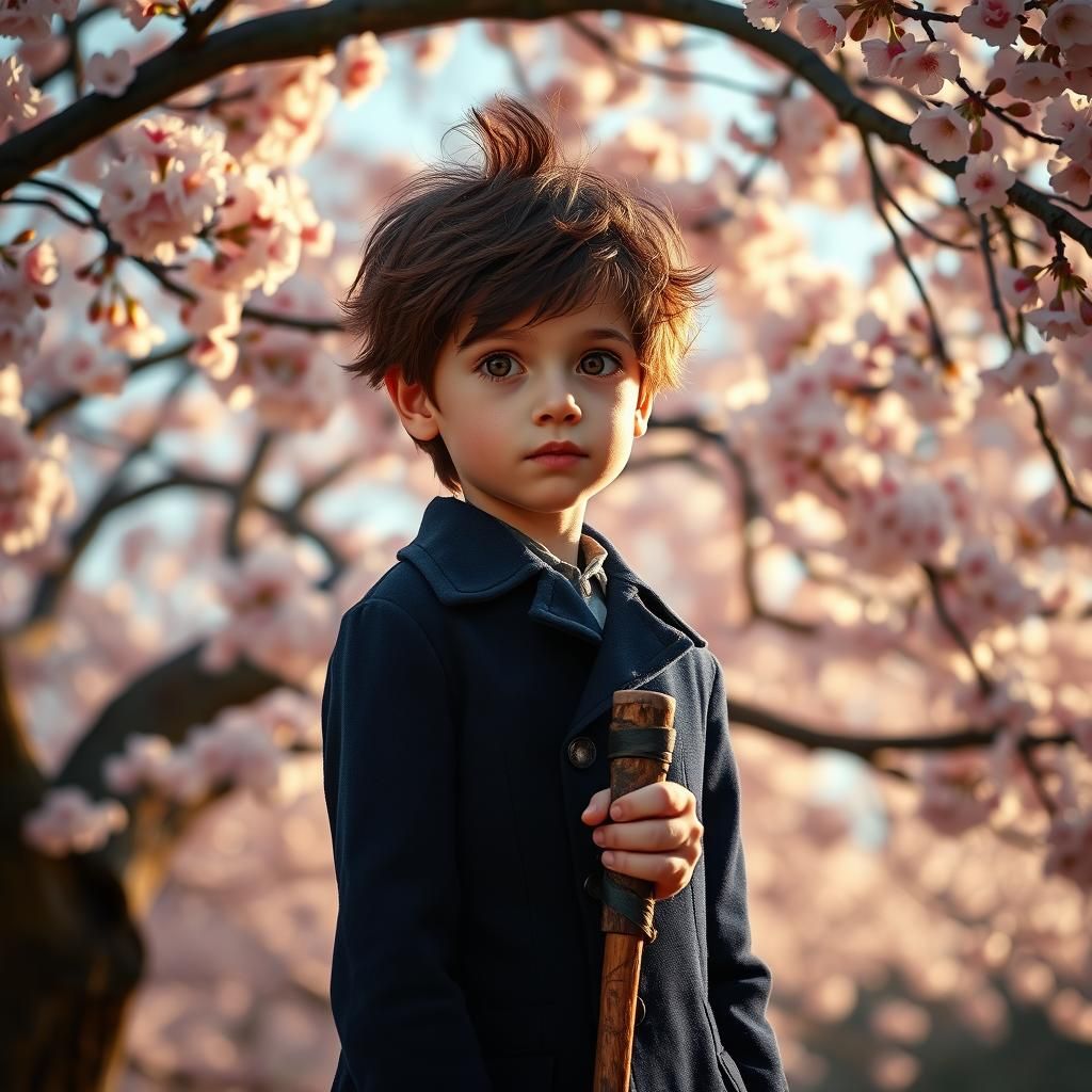 Boy and Cherry Blossoms in Hyperrealistic Style