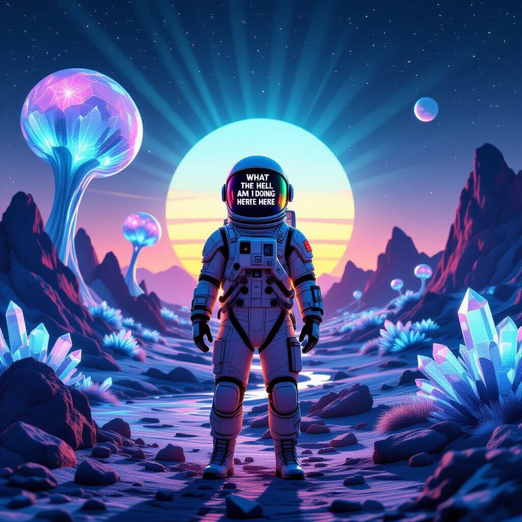 Astronaut on Alien Planet Under Nebula Sky