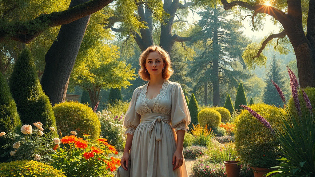 Woman in Sun-Drenched Garden as Impasto Oil Painting