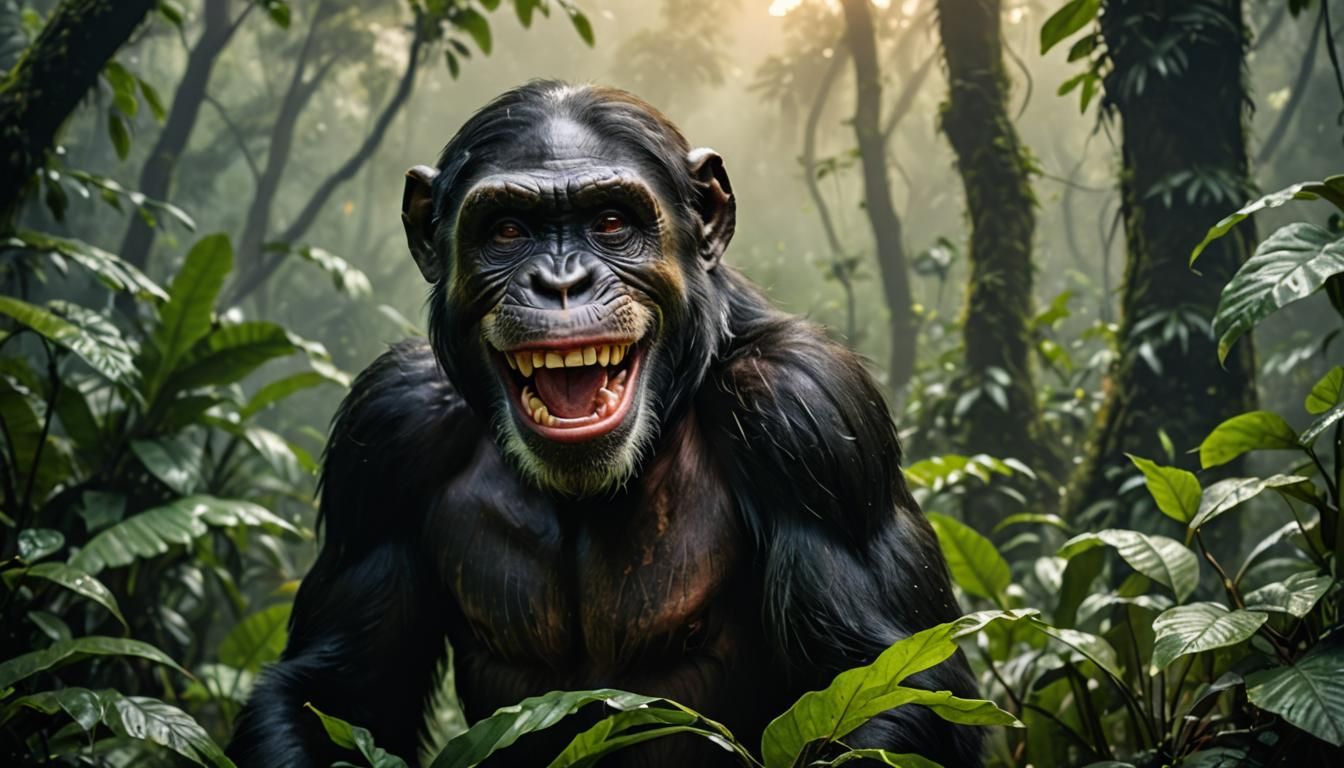 Chimpanzee's Toothy Smile in Misty Jungle