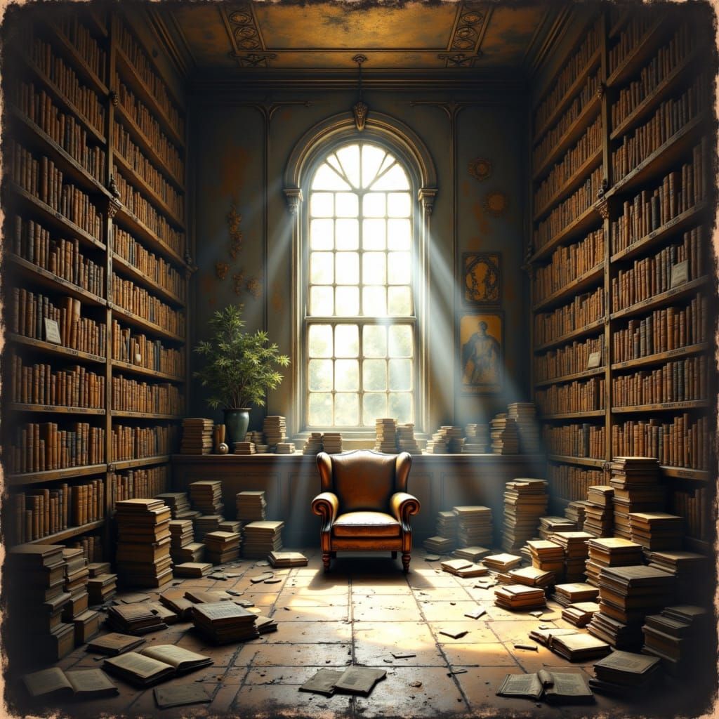 Ancient Library Bathed in Sunlight, Dutch Masters Style