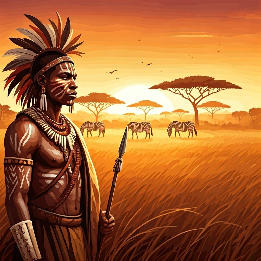 Zulu Warrior Gazing at Savanna Sunset in Watercolor